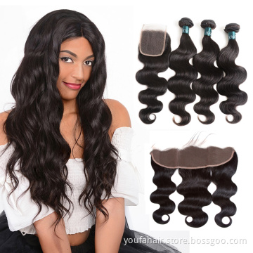 12A Brazilian Human Hair Body Wave HD Lace Closure with 3 Hair Bundles Virgin Hair Extension with Transparent HD Lace Frontal